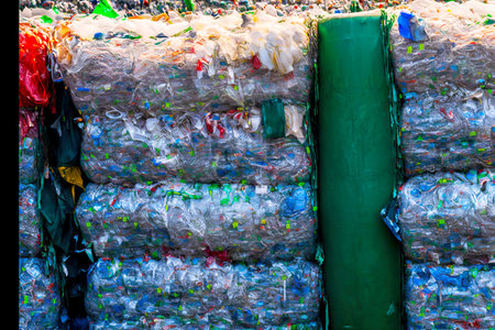 Sorted and packed in bags and bales garbage for recycling of recyclablesの素材