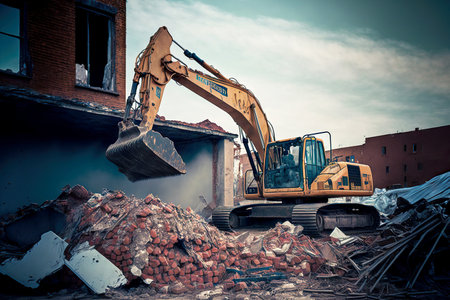 Recycling of recyclables when demolishing old destroyed buildings with excavatorの素材