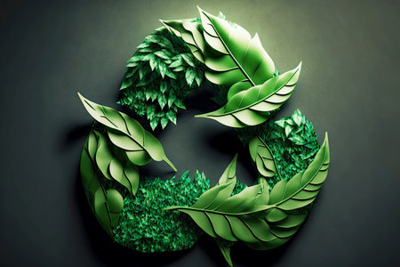 Triangular symbol of struggle for ecology and need for recycling of recyclables on dark green backgroundの素材