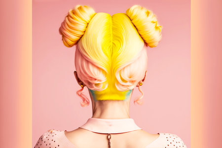 Original modern hairstyle made of multi-colored curly hair in the backの素材