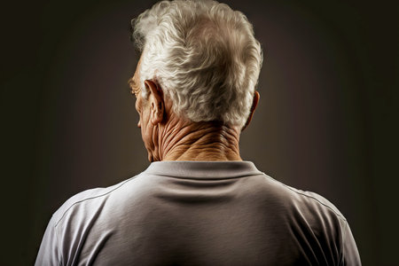 Elderly man with short gray curly hair in the backの素材