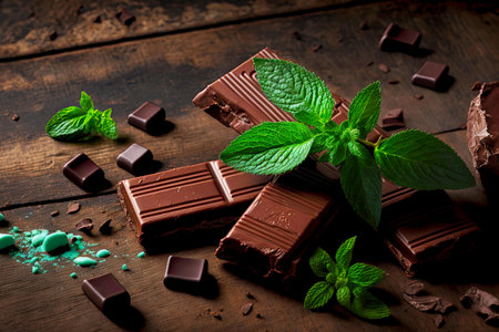 Chocolate piece broken chocolate bars with mint leaf decorationの素材