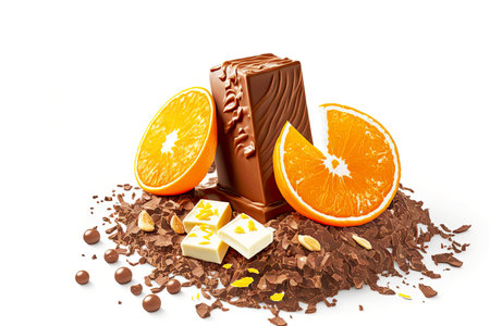 Milk chocolate broken into chocolate piece and orange slicesの素材