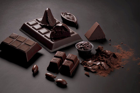 Dark bitter chocolate broken into uneven chocolate piece on tableの素材