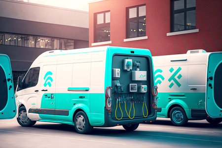 Somewhat painted cargo van stand at gas stationの素材