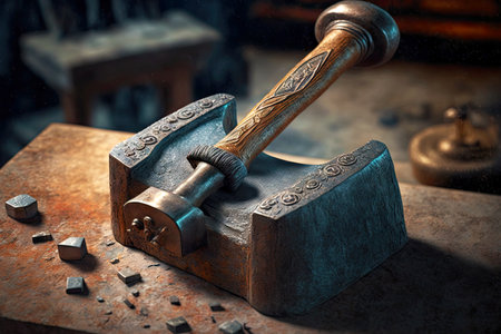 Antique anvil and hammer with long handle and splinters from machined metalの素材