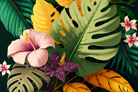 tropical leaves with blooming flower backgroundの素材