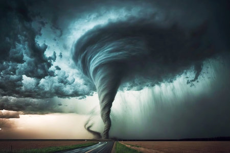 huge dangerous tornado twister in dark skyの素材