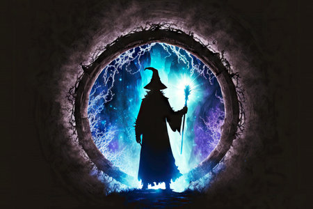 sorcerer silhouette in mystical time portal with light effectの素材