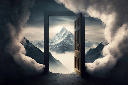 opened portal over misty mountain landscapeの素材