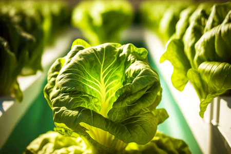 fresh lettuce leaves growing in hydroponic farm closeupの素材