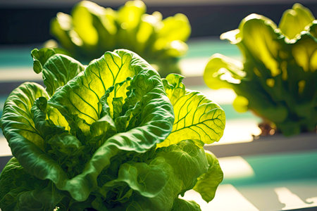 fresh lettuce leaves growing in hydroponic farm closeupの素材