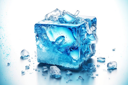 Smooth blue ice cubes in splash of water isolated on white backgroundの素材