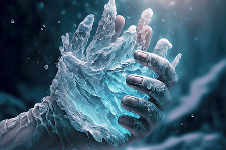 Frozen hand giving big blue ice cubesの素材