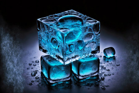 Frozen large and small ice cubes on dark blue backgroundの素材