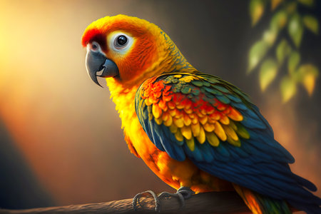 Very beautiful parrot on white with yellow red plumage and blue green wingsの素材