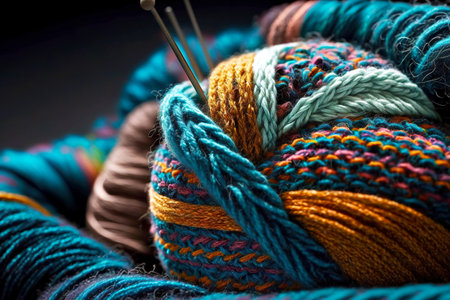 Multi-colored woolen threads for knitting sweater with Christmas patternの素材