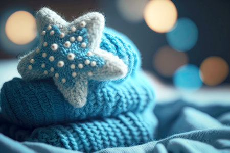 Blue hand-knitted sweater with Christmas pattern wool clothing on blurry backgroundの素材