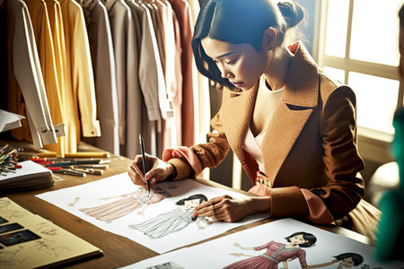 textile industry Girl designer creates sketches of fashion clothesの素材