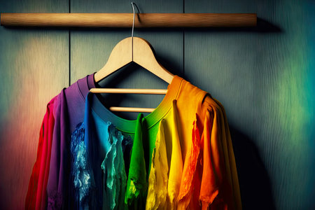 Rainbow colour clothes on cotton cloth hangers textile industryの素材