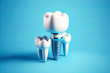 White dental casts for dental implantology with silver pins on blue tableの素材