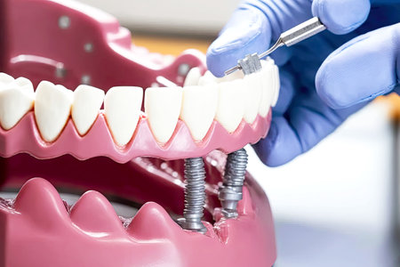 Full jaw model showing dentures for dental implantologyの素材