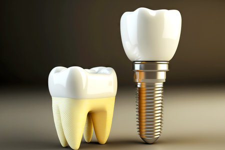 Model of tooth with dental implantology and ordinary tooth on background of tableの素材