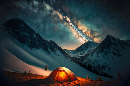 Tent with Hiking Travel Backpack and flashlight glowing inside stands at foot of mountainの素材