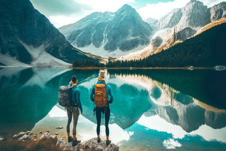 Two hikers with Hiking Travel Backpack on their shoulders stand in front of mountain lakeの素材