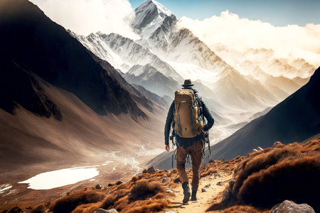 Lonely hiker with Hiking Travel Backpack wanders along mountain pathの素材
