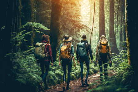 Company of young people with Hiking Travel Backpack behind them walk through dense forestの素材