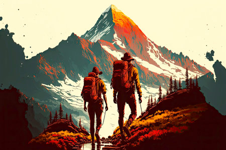 Adventure lovers with Hiking Travel Backpack travel through mountainsの素材