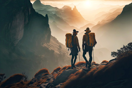 Couple of young people with Hiking Travel Backpack travel through mountains in autumnの素材