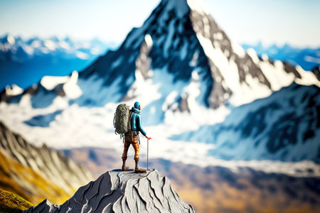 Small figures of tourist with Hiking Travel Backpack stand on flat stoneの素材
