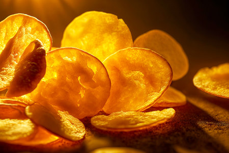 Thin golden crispy fried potato chips on tableの素材