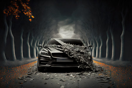 Dangerous driving car accident crashed automobile on road in autumnの素材