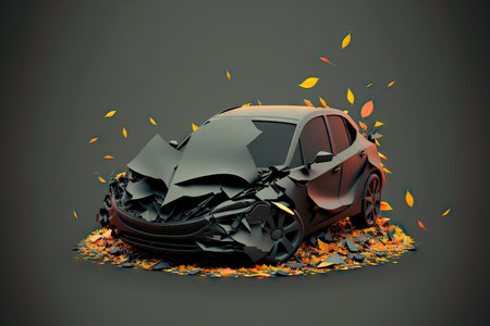 Dangerous driving car accident crashed automobile on road in autumnの素材