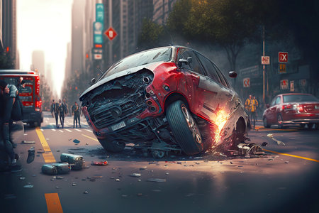 Car without wheels on road on street car accidentの素材