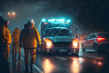 Night car accident misfortune on road safety and injuredの素材