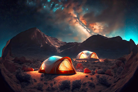 Camp with tourist tent against backdrop of starry sky and Milky Way mountainsの素材