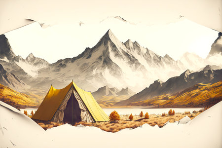 Extreme trip to mountains with tourist tent in morningの素材