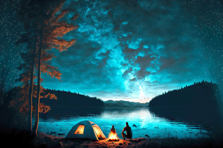 Space and galaxy over lake and tourist tent journey to natureの素材