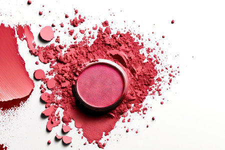 Pink blush crumbly cosmetic powder crumbs isolated on white backgroundの素材