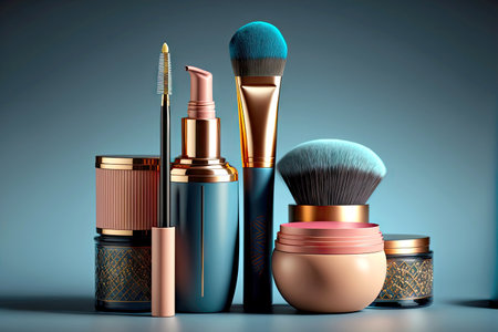 Set of expensive luxury cosmetics lipstick mascara compact cosmetic powderの素材
