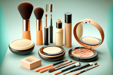 Set of expensive luxury cosmetics lipstick mascara compact cosmetic powderの素材