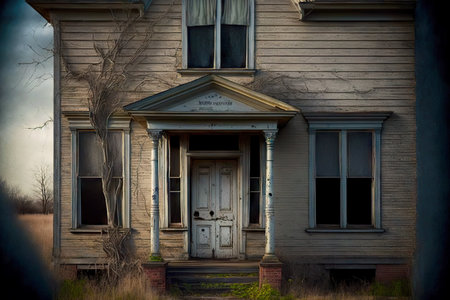 Rickety dilapidated porch of abandoned house of peeling wooden planksの素材