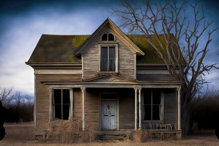 Uninhabited wooden abandoned house with peeling ruined roofの素材