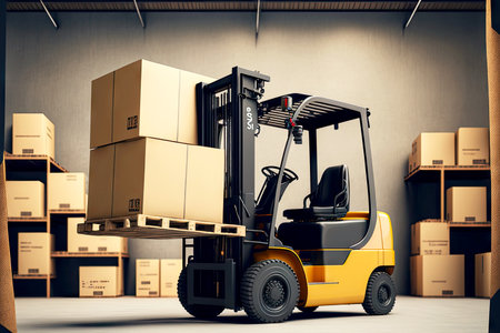 Forklift machine for transportation and logistics of boxes by warehouseの素材