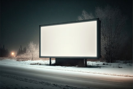 Illuminated blank billboard mockup along road on winter eveningの素材