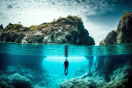 Floating in clear sea figure of man who is engaged in freedivingの素材